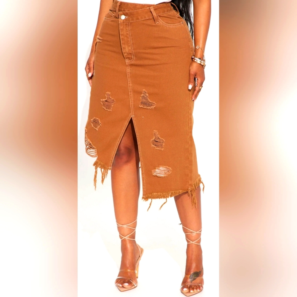 FASHION NOVA "Ember" Distressed Asymmetrical Denim Midi Skirt - NEW